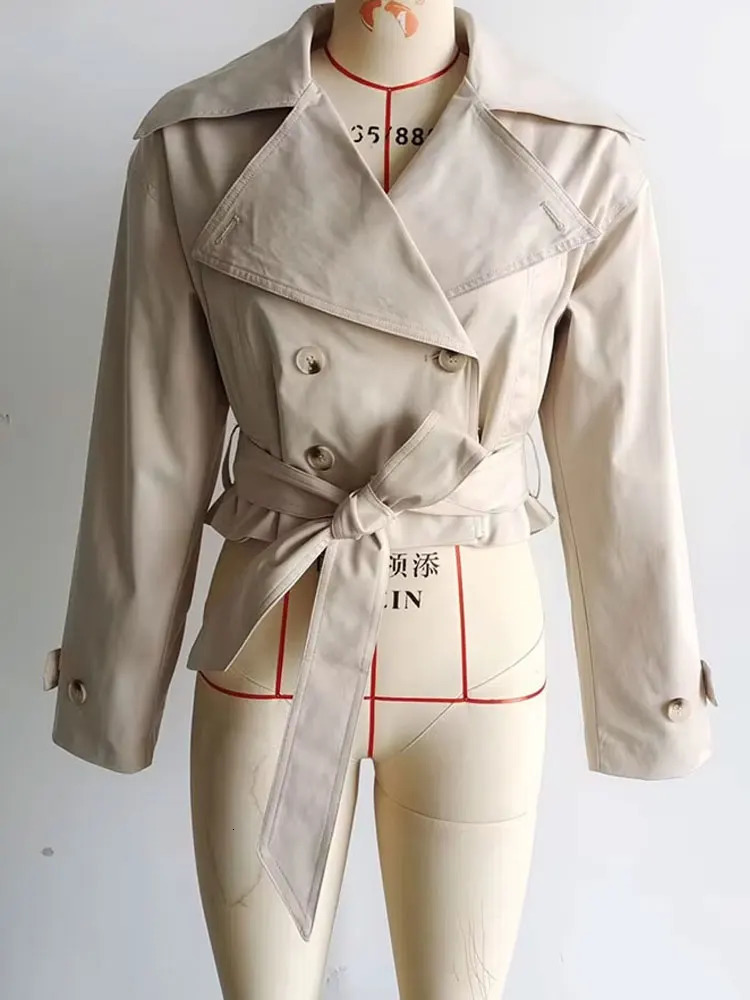HH 2025 Spring Retro Vneck Double Breasted Womens Pocket Top Loose Jacket Womens Street Casual Laceup Short Trench Coat 251013