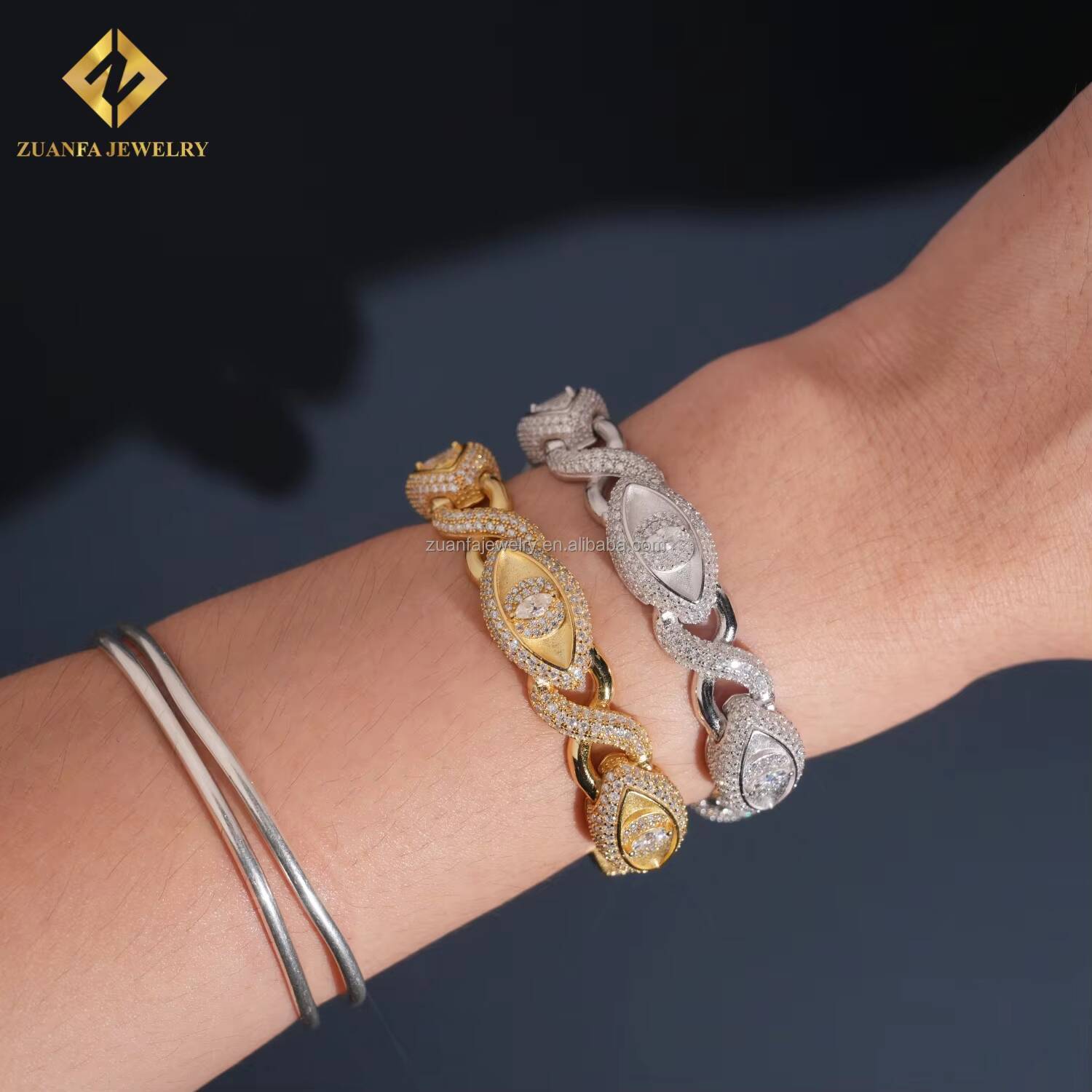Special Design Fashion Evil Eyes 12mm Iced Out Hip Hop Jewelry S925 Silver Vvs1 Moissanite Diamond Infinity Cuban Bracelet
