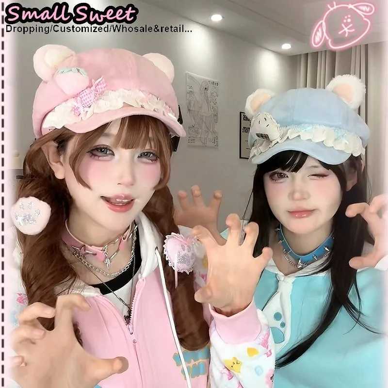 Y2K Womens Bear Ear Ballet Style Beret Dark Gothic Lolita Japanese Trend Neutral Black Painter Hat Octagonal Cap for Cosplay