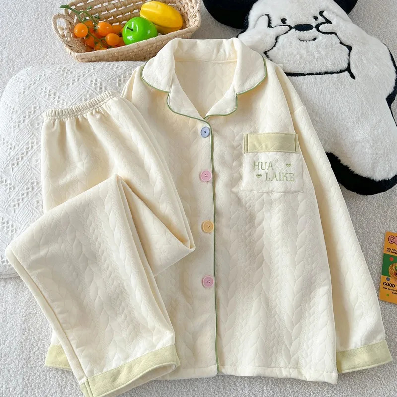 Embroidery Letter Fashion Womens Pajamas Set Autumn Winter Casual Soft Sweet Loungewear Lapel Neck HomeWear Suit 251029