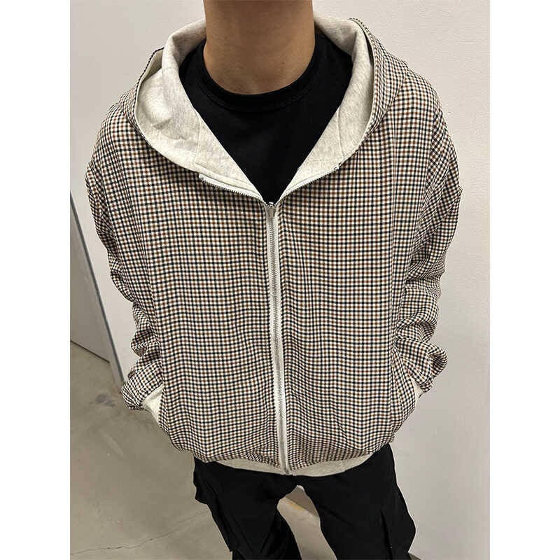 American High Street Reversible Houndstooth Zipper Hooded Sweatshirt Men's Casual Designer Jacket Vibe Cardigan Jacket Trendy