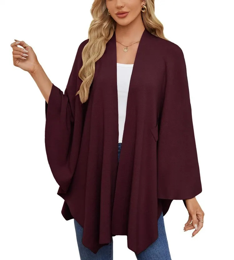 Elegant Shawl Wraps Soft Open Front Poncho Sweater Women Loose VNeck Cape Casual Solid Color Soft Open Front Poncho Bat Shirt 251029