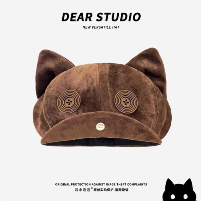 Niche Suede Velvet Cat Ears Octagonal Newsboy Caps Womens Autumn and Winter Large Fashion and Versatile Literary Berets