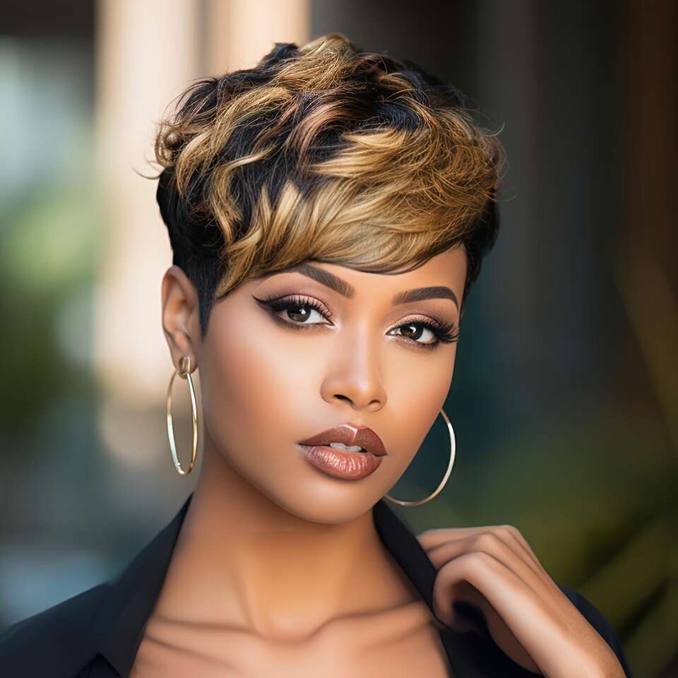 Women's Remy Peruvian Wig With Bangs - Layered Short Straight Pixie Cut, Natural Brown Balayage Highlights 1B/30#, Density Full Head