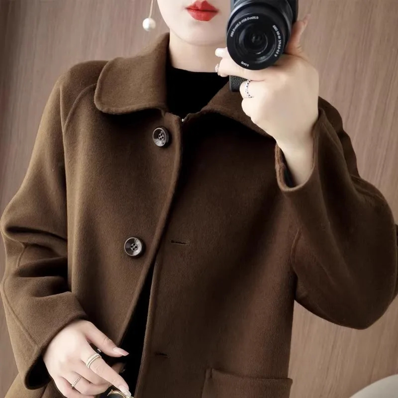 100 Wool Doublesided cashmere Coat Womens Autumn Winter Temperament Korean version Doll collar Women Coats Single Breasted 251029