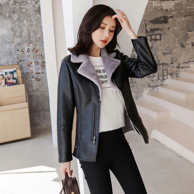 Winter PU Leather Jacket Women Short Blazers Coat Fleece Doublefaced Fur Leather Outerwear Lady Slim Suit Tops Jackets 251029