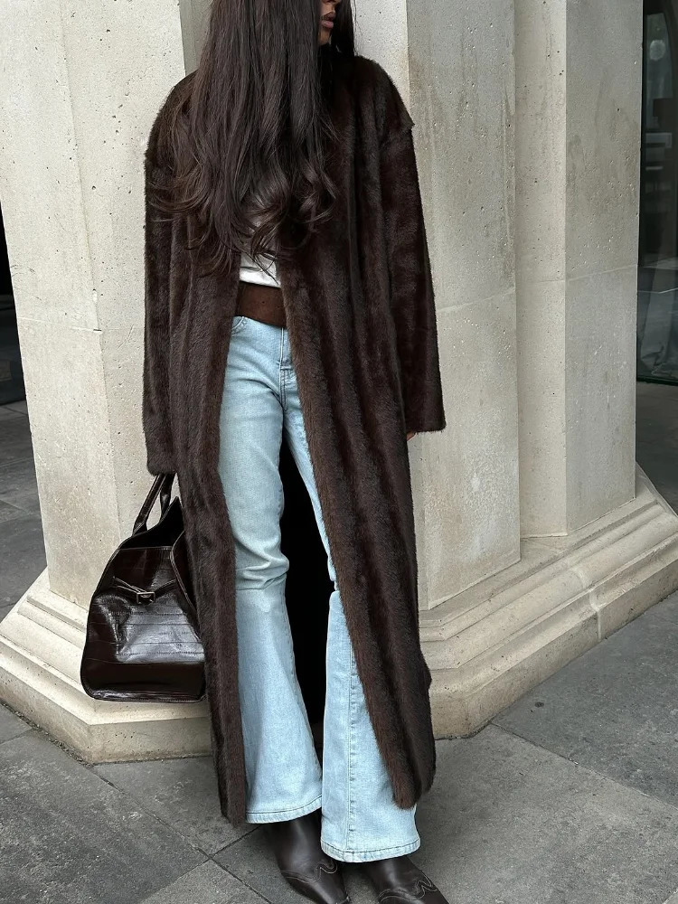 Brown Lace Up Faux Fur Coat Women Fashion Casual Full Sleeve Fluffy Loose Striped Long Coats Lady Winter Daily Street Jacket 251029