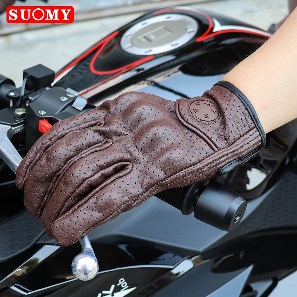 SUOMY Summer Perforated Motorcycle Gloves Retro Brown Real Leather Cafe Racer Motorbike Touchscreen Scooter Guantes 251013