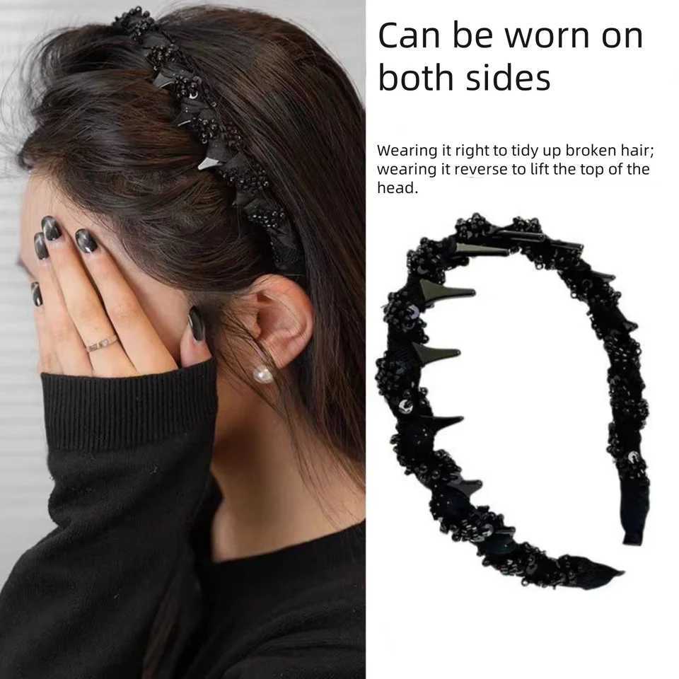 1PC 2 Way Wear Beaded Headband Fix Broken Hair Elevate Crown Chic Black Hair Accessory for Daily Party LooksW251028