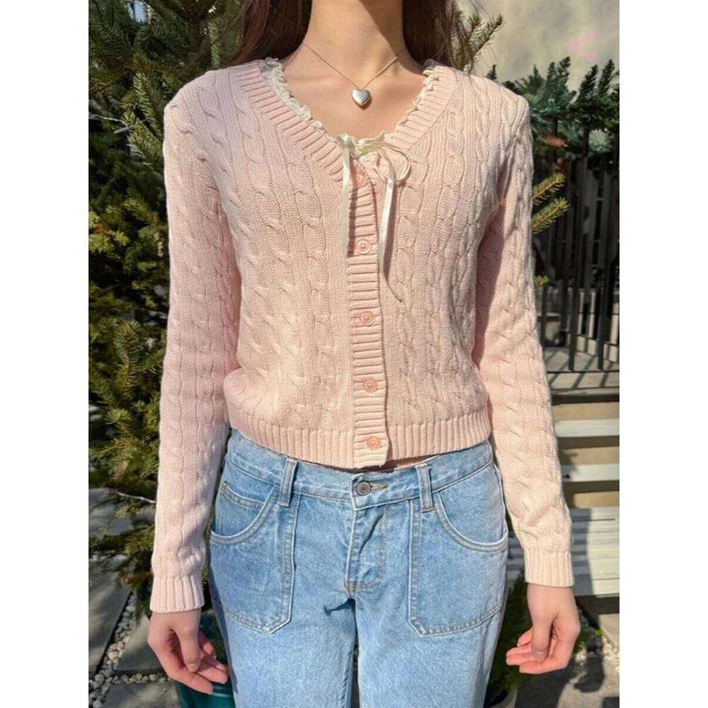 New Pink Twisted Flower Sweater Cardigan Autumn Long Sleeve V-Neck Single Breasted Knitcoat Solid Simple Cotton Sweet Sweaters
