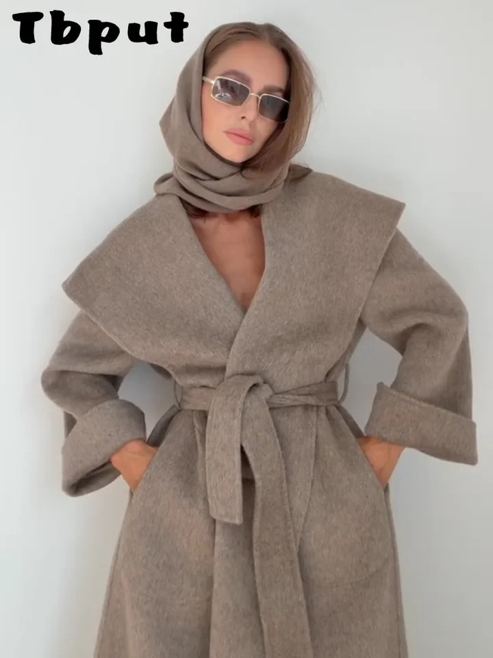 Elegant Wool Women Long Coat Solid Shawl Collar Open Stitch Lace Up Lady Coats 2025 Autumn Winter Fashion Female Outwears 251029