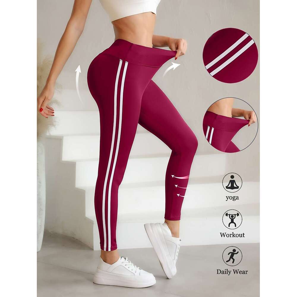 3Pcs High-Waist White Side Stripe Yoga - Soft, Stretchy Athletic Leggings For Running, Fiess, Breathable & Durable With Elastic Waistband, Cycling Pan