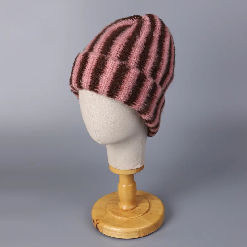 Korea 2025 Autumn and Winter Korean Feather Yarn Striped Wool Beanie Cap Women Showing Face Small Cold Knitted Cold Hat Men 251029