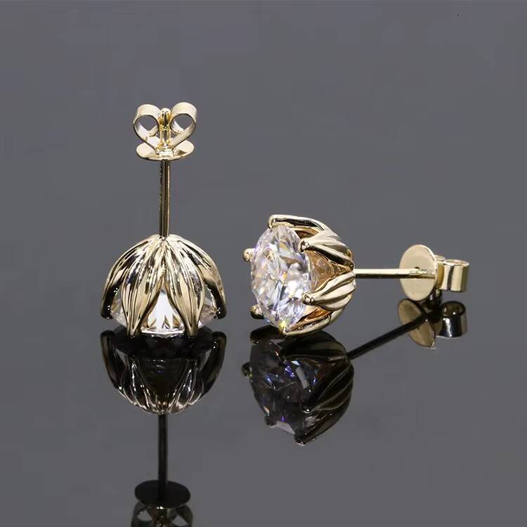 Free Shipping Fine Jewelry Two Carat Round Cut Moissanite Diamond Lotus Shape 14k Solid Yellow Gold Stud Earring