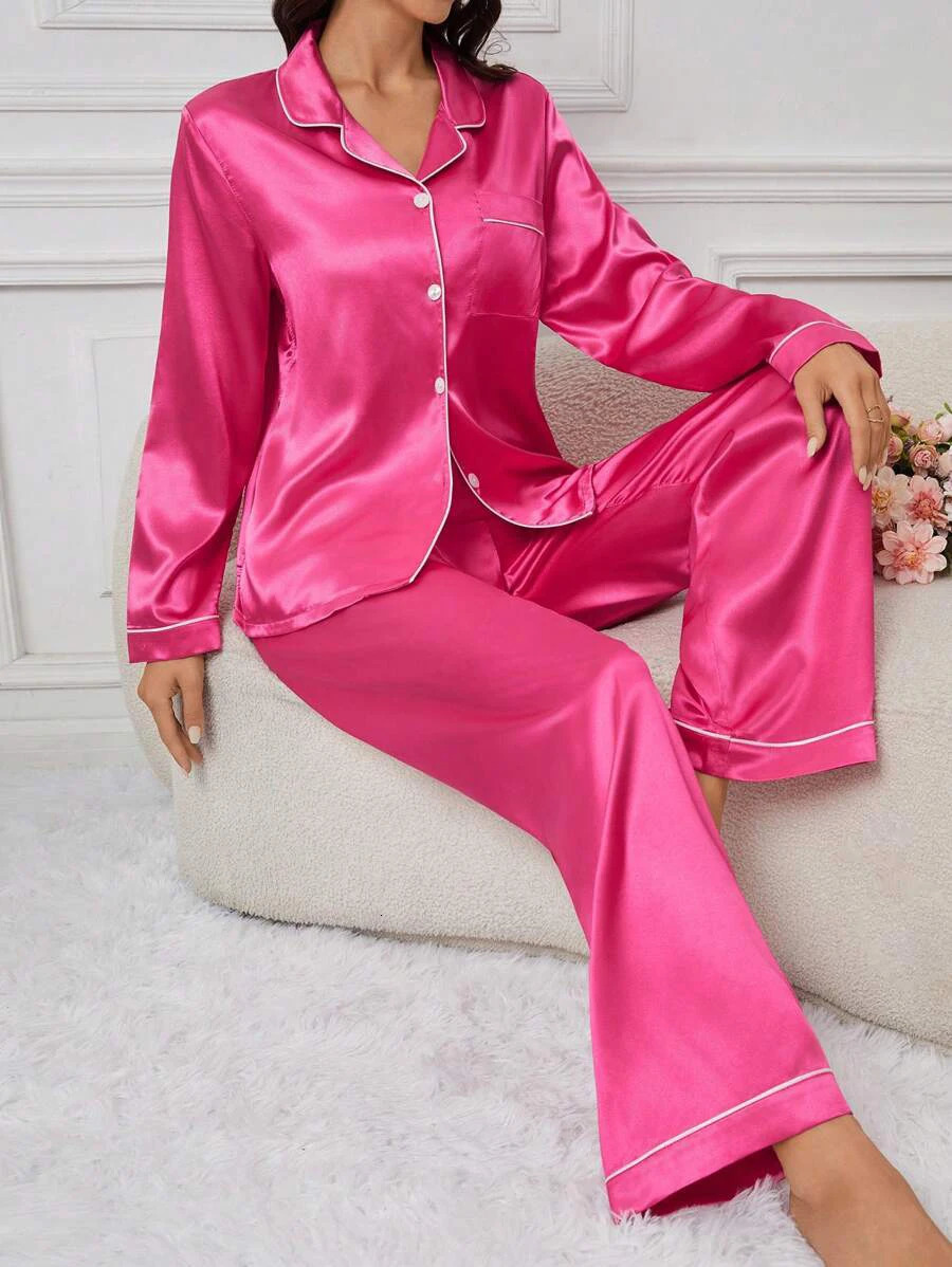 Womens Pajamas Autumn Luxurious Solid Satin Long Sleeve Pajama Set Elegant Lapel Collar Top Pants Sleepwear Loungewear 251029