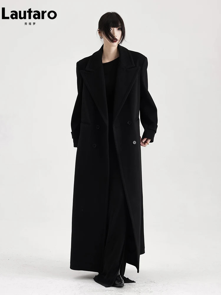 Lautaro Winter y Extra Long Black Warm Soft Wool blends Coat for Women High Quality Loose Casual Woolen Overcoat 251028