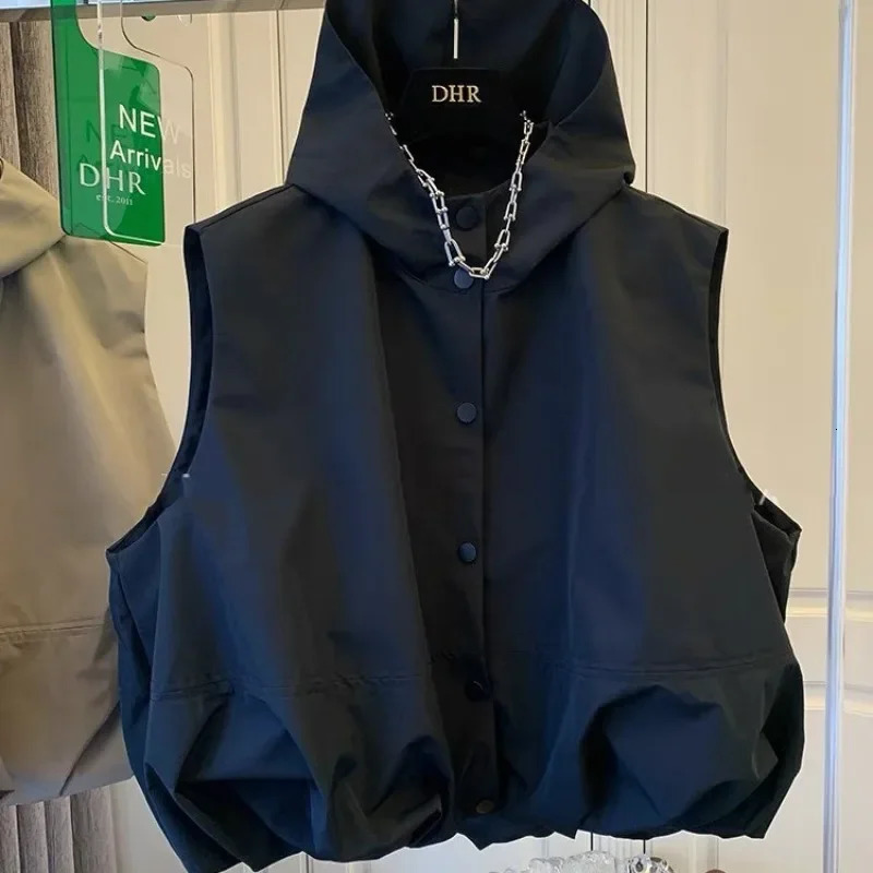 Crop Trench Tops 2025 Casual Black Waistcoat Chalecos Para Mujer Loose Vest for Women Single Breasted Sleeveless Hooded Jacket 251029