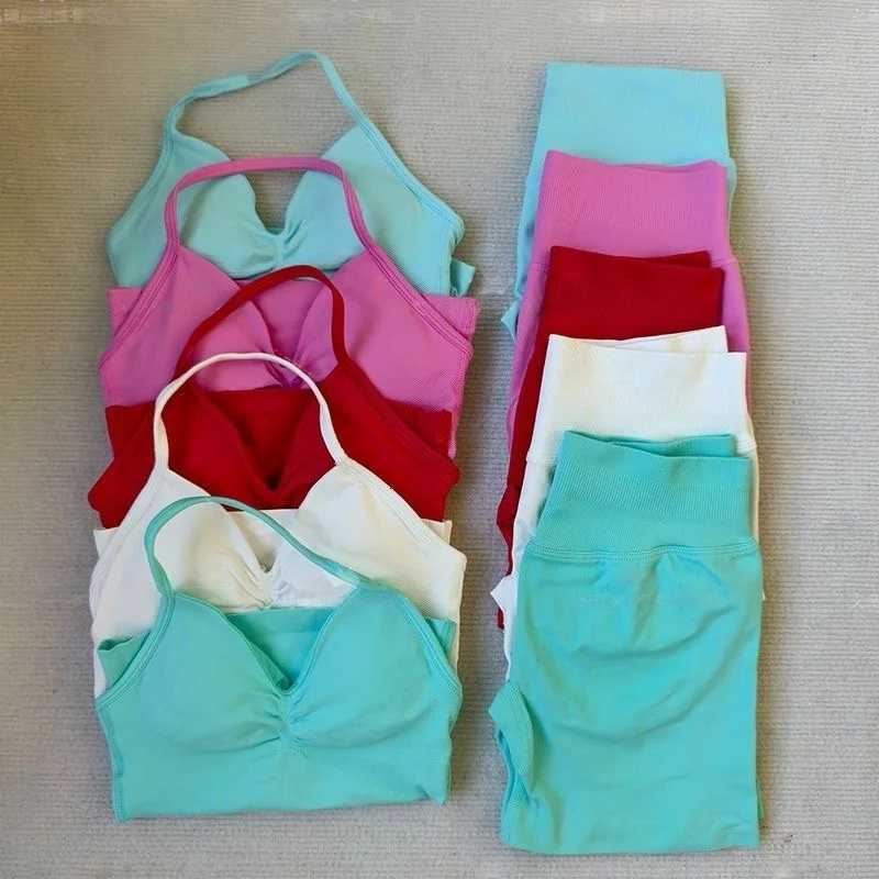 2Pcs Set Yoga Strappy VestShorts Women Resistance Training Seamless Padded Halter Tank Top Scrunch Butt Lifting Gym Shorts SetXJ251029