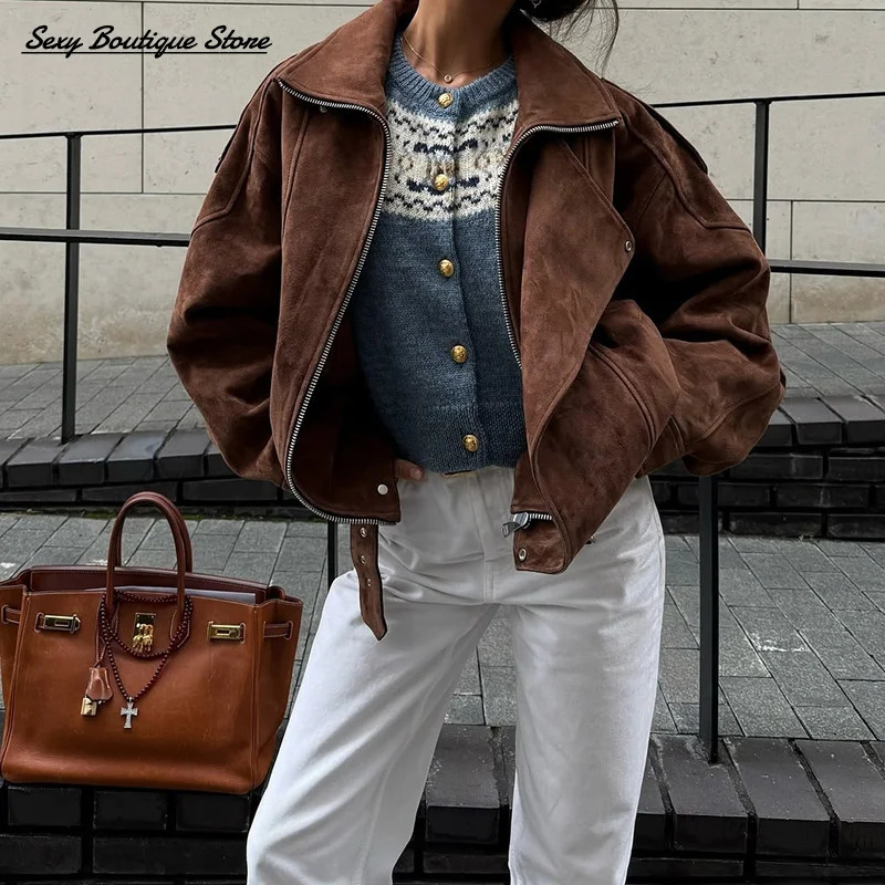 Vintage Fashion Faux Suede Jacket For Women Long Sleeve Lapel Oversize Coat Casual Zipper Outwear 2025 Lady Clothes 251028