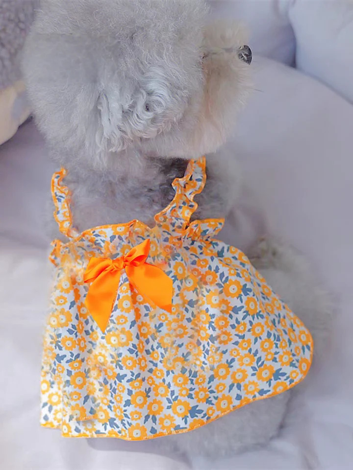 Breathable Skirt Dress for Cat Summer Orange Flower Soft Bowtie Elastic Tshirt For Kittens Pajamas For Cat Supplies 251029