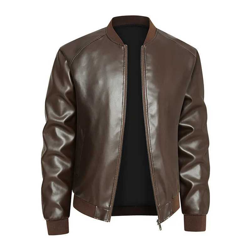 2025 Spring Mens Casual Leather Jackets Solid Stand Collar Zipper Motorcycles PU Outwear Male Autumn Fashion Moto Biker JacketT251029