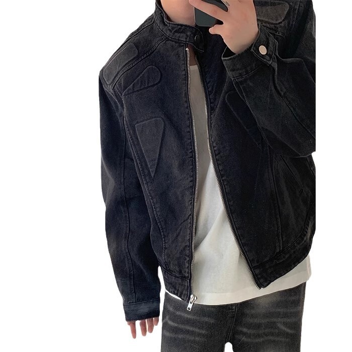 Korean Style Niche Short Three-dimensional Deconstructed Padded Shoulder Denim Jacket For Men Loose Fit Handsome Stand Collar Designer Jacket Motorcyc