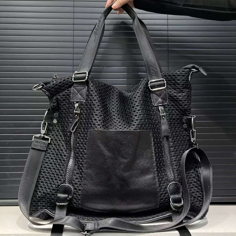 Genuine Top Women Large Capacity Vintage Tote Bag Secure Zipper Closure Mesh Like Patch, Convertible Crossbody