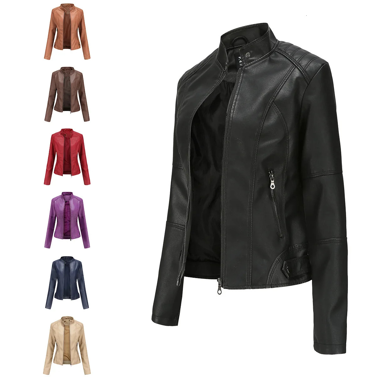 Womens Slim Fit Leather Jacket with Motorcycle Suit Large Standing Collar Autumn Black zipper outdoor leather top 251029