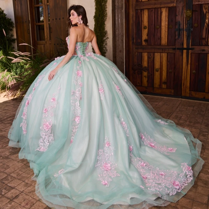Light Green Ball Gown Quinceanera Dresses Off The Shoulder Sequin Applique Flower Beads Bow Tull Party Birthday Sweet 16 Dress