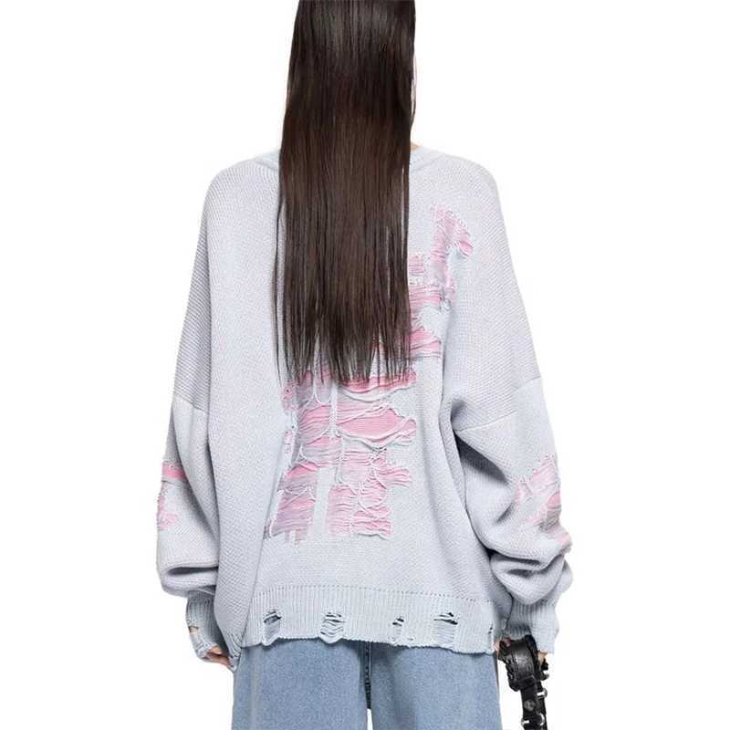 OMSJ Wasteland Style Fashion Contrast Hole Sweater Women Woolen Knitted Loose Baggy Casual Hottie Crew Neck Pullovers Streetwear J251029