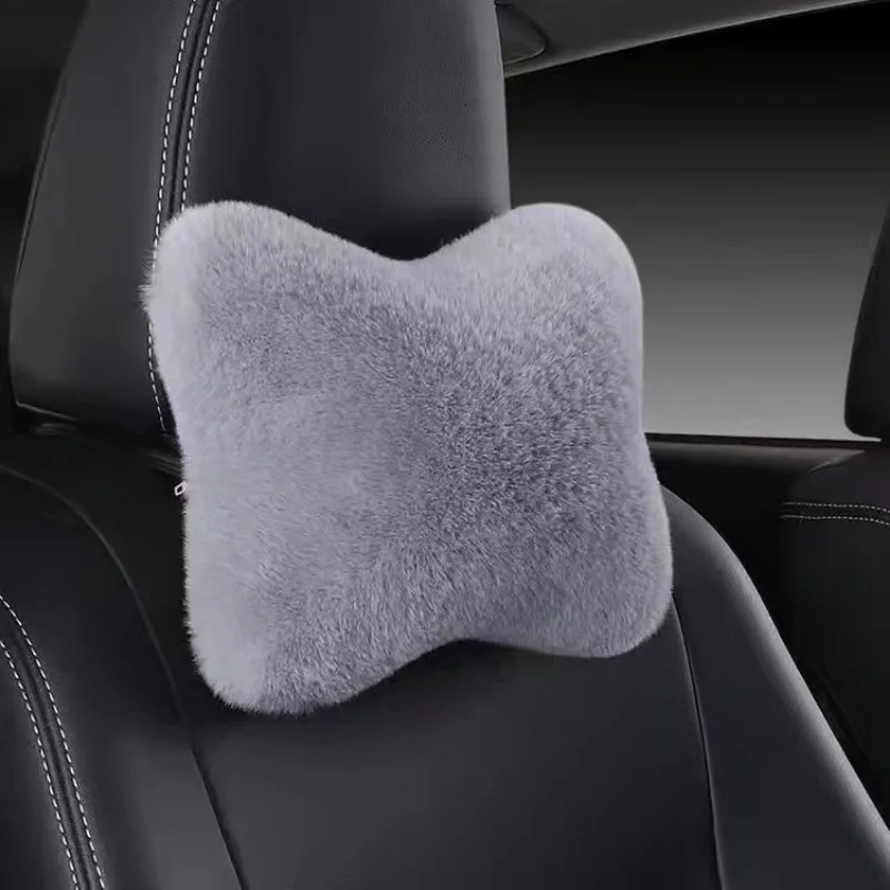 1pc Car Headrest Lumbar Pillow Soft Rabbit Plush Comfort Cushion for All Seasons Ergonomic Driver Support Headrest 251029