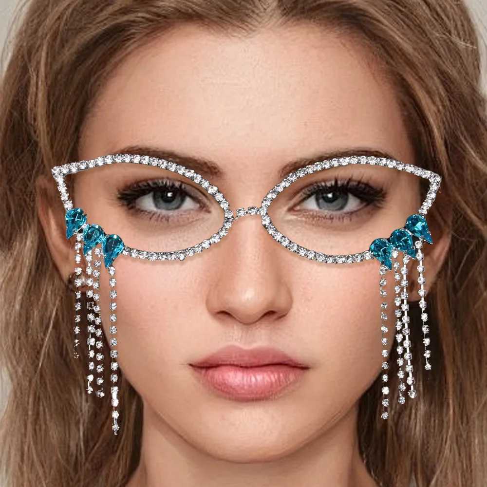 Stonefans Blue Crystal Rhinestone Glasses Frames Jewelry for Women 2024 Fashion Tassel Chain Glasses Frames No lenses W251029