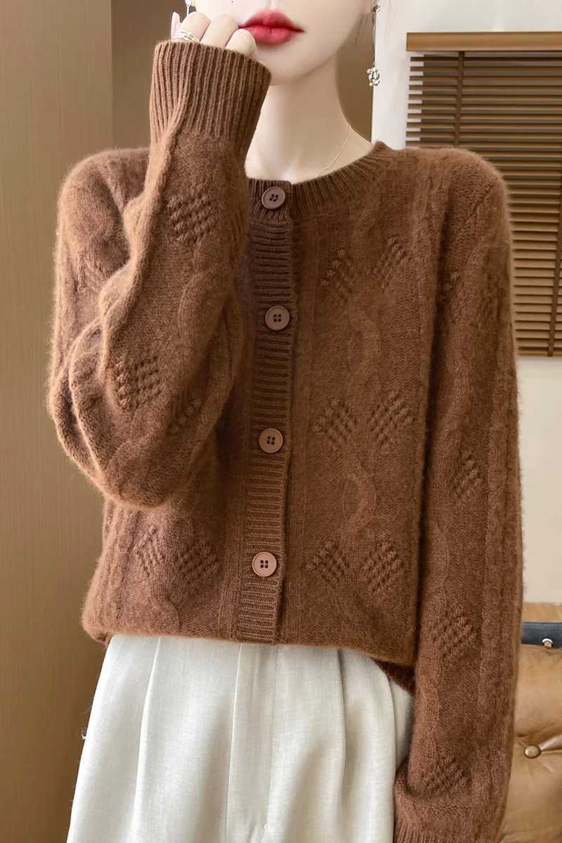 Autumn Winter Twist Flower Single Breasted 100 Merino Wool Womens Cardigan Thick ONeck Casual Loose Sweater Coat TopsT251028