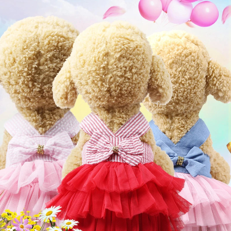 Dog Princess Dresses Puppy Bow Knot Dress Pet Tutu Dresses Striped Mesh Puppy Cat Princess Summer Dresses for Small Medium Cat 251029
