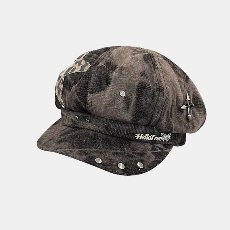 Y2K Personalized Star Sticker Design Rivet Design Berets Caps Women Spring Autumn Fashion Versatile Retro Tiedye Newsboy Hats