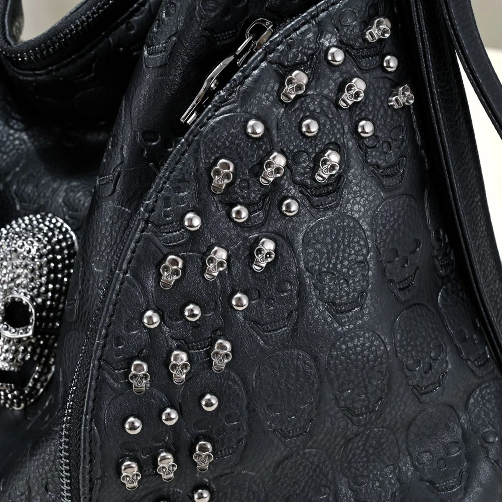 SHELKSBAG Womens Tote Bags Gothic Skull Studded Strap Hobo Handbag Large Capacity Vintage PU Leather Crossbody Shoulder Bag 251029
