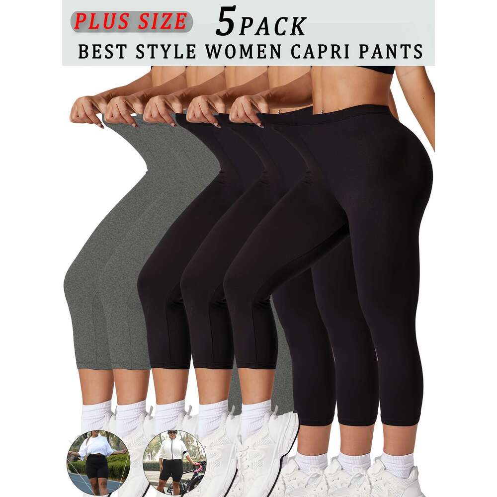 5 Packs Women's Sports Capri Set, Plus Size Plain Stretch High Rise Soft Yoga Running Leggings Pants 5Pcs Set