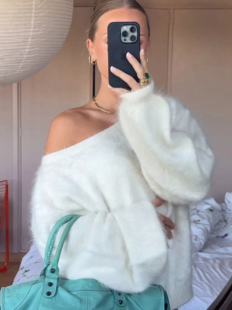 Women Solid Off Shoulder Pullover Fashion Classic Full Sleeve Loose Knitted Mohair Knitwear Lady High Street Autumn Sweaters 251029