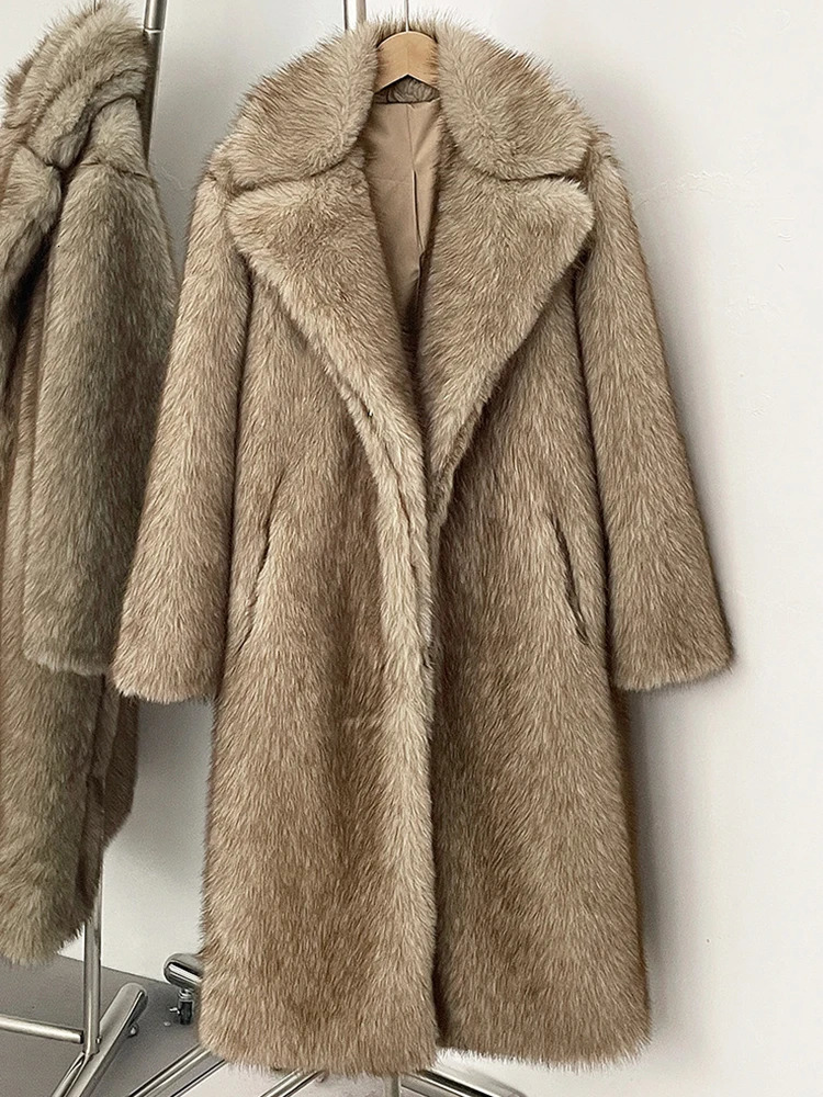 Mueyeruho Winter Women Faux Fur Jacket Coat Solid Khaki Long Sleeve Thick Warm Overcoat Outwear Fluffy For 251028