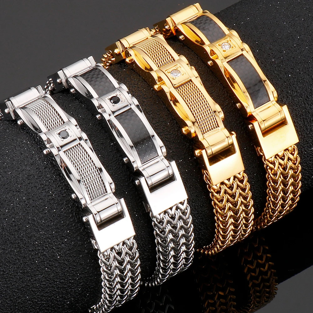 Bracelet for Men Gold Color 12MM Wide Stainless Steel Square Franco Link Chain Mens Wrist Bracelets With Magnet Clasp 251028