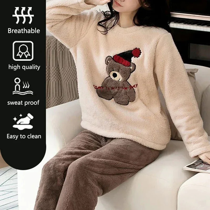 2 Piece Set Thickened Long Sleeve Trouser Set Couple Loungewear Women Flannel Cartoon Bear Gray TwoPiece Set Sleepwear Homewear 251029