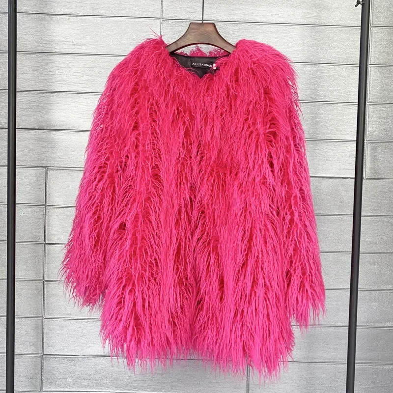 Mongolia Sheep Fur Women Medium Long Coat Jacket Colorful Warm Faux Fur Plush Coats Female Jacket Autumn Winter Furry Outerwear 251029