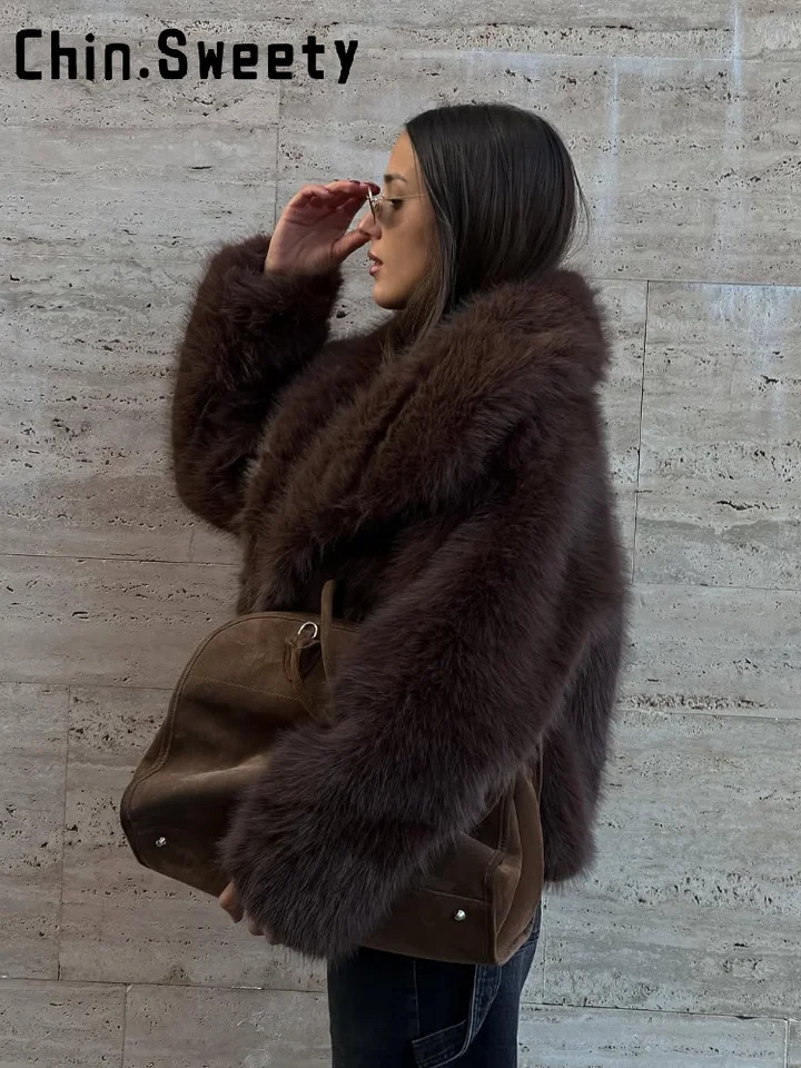 Fashion Solid Faux Fur Coat Women Loose Lapel Full Sleeve Street Outwears Autumn Winter Lady Furry Warm Outwear 251028