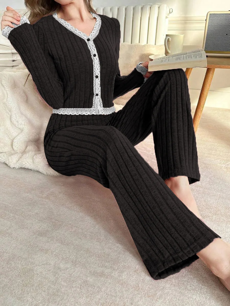 Autumn Winter Flannel Pyjama Set for Womens Thickened Long Sleeve Top and Elastic Waistband Trousers Sleepwear Loungewear 251029