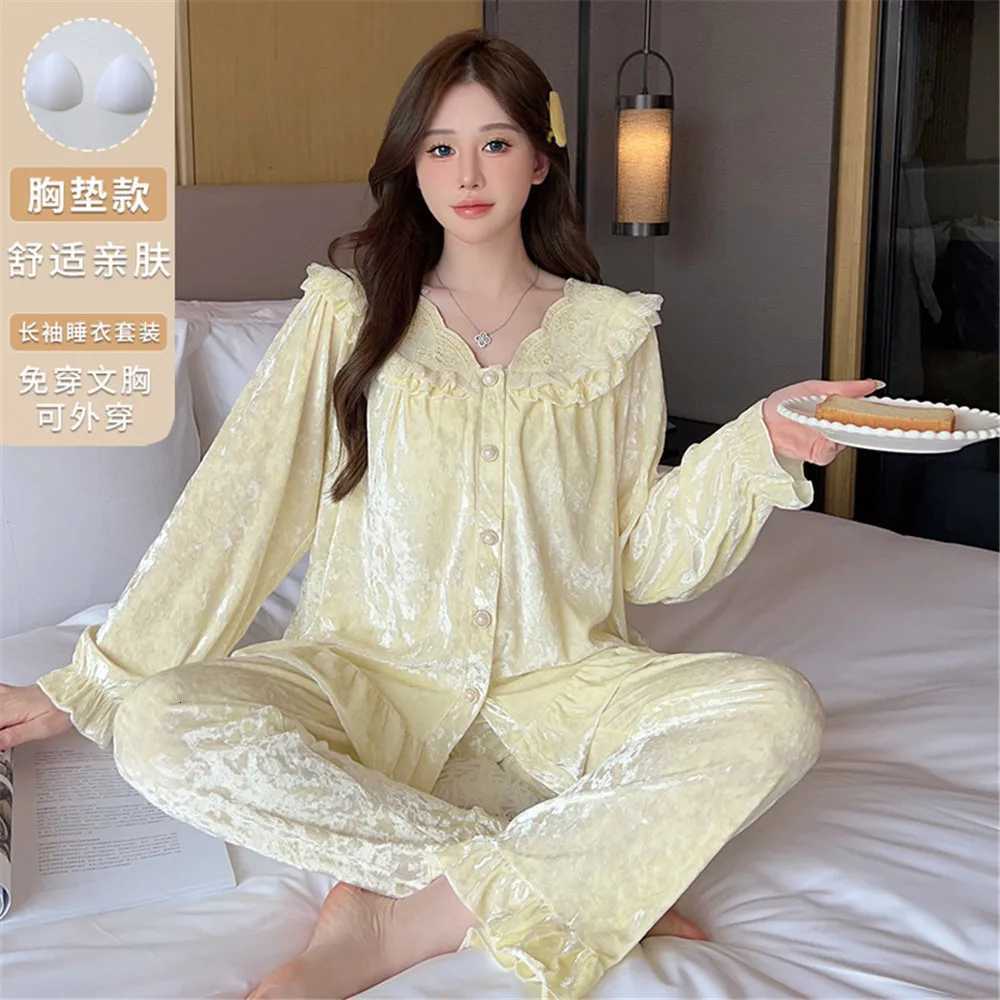 Autumn Velvet Pajamas Set Long Sleeve Shirt Trouser Suits Sexy Lace Trim VNeck Sleepwear Loose Casual Home Wear LoungewearT251029