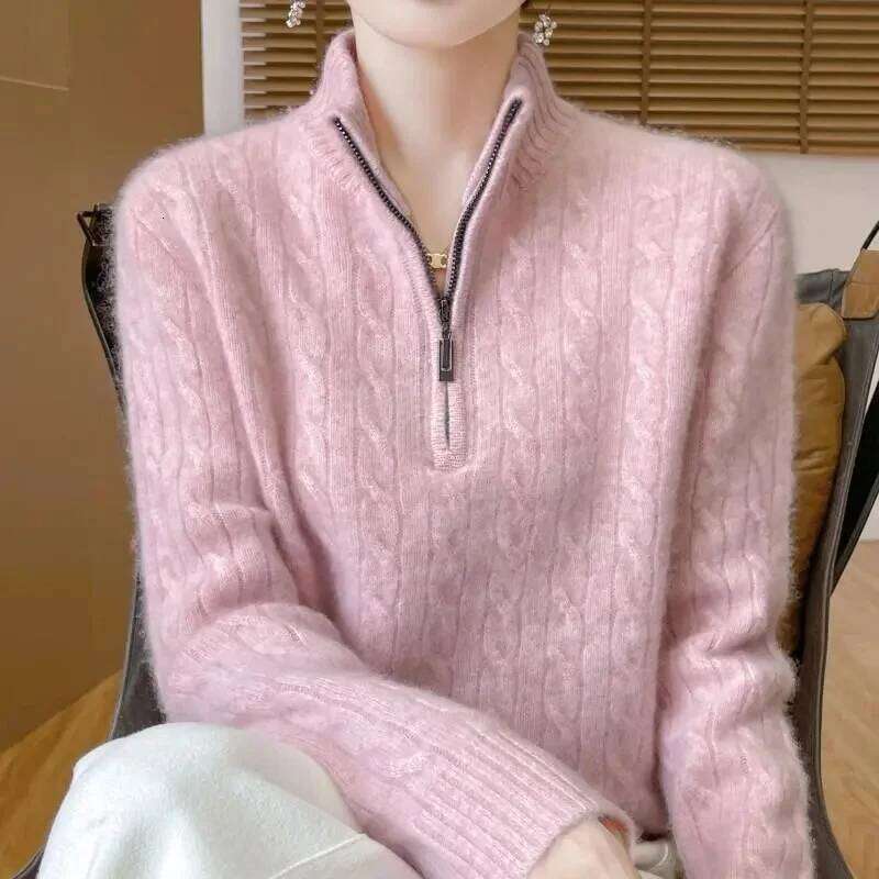 Sweater Coat Women's Autumn Winter 2025 New Half-Open Zipper Knitwear Female Loose Twisted Collar Thick Pullover Top Lady Designer Sweater Women 