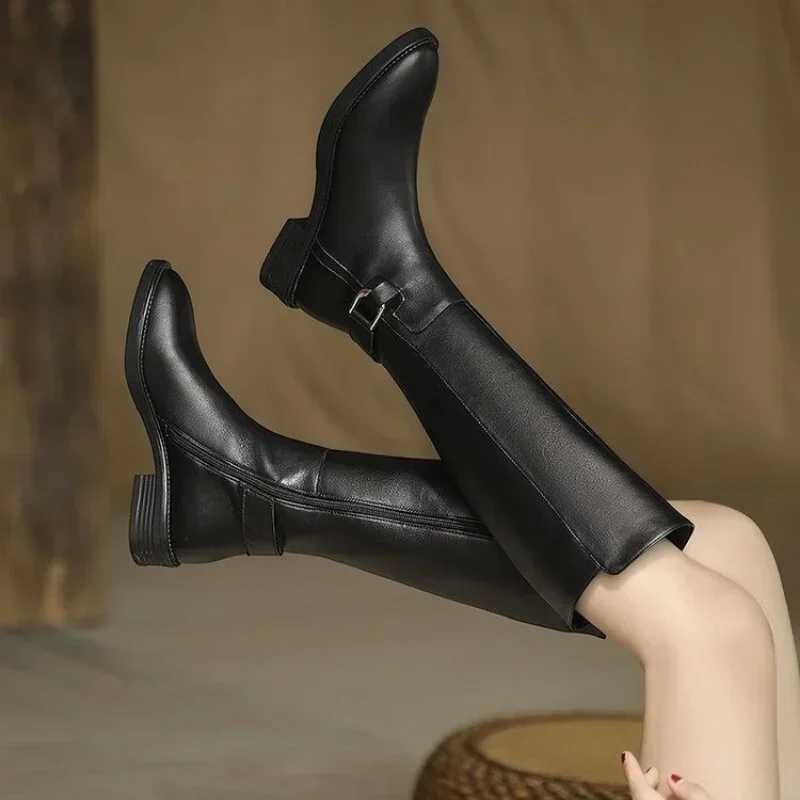 New Pu Leather Knee Boots Shoes for Women Buckle Metal Decoration Fashion Outdoor Ladies Footwear Size 3441 Long Black Botas Z251029
