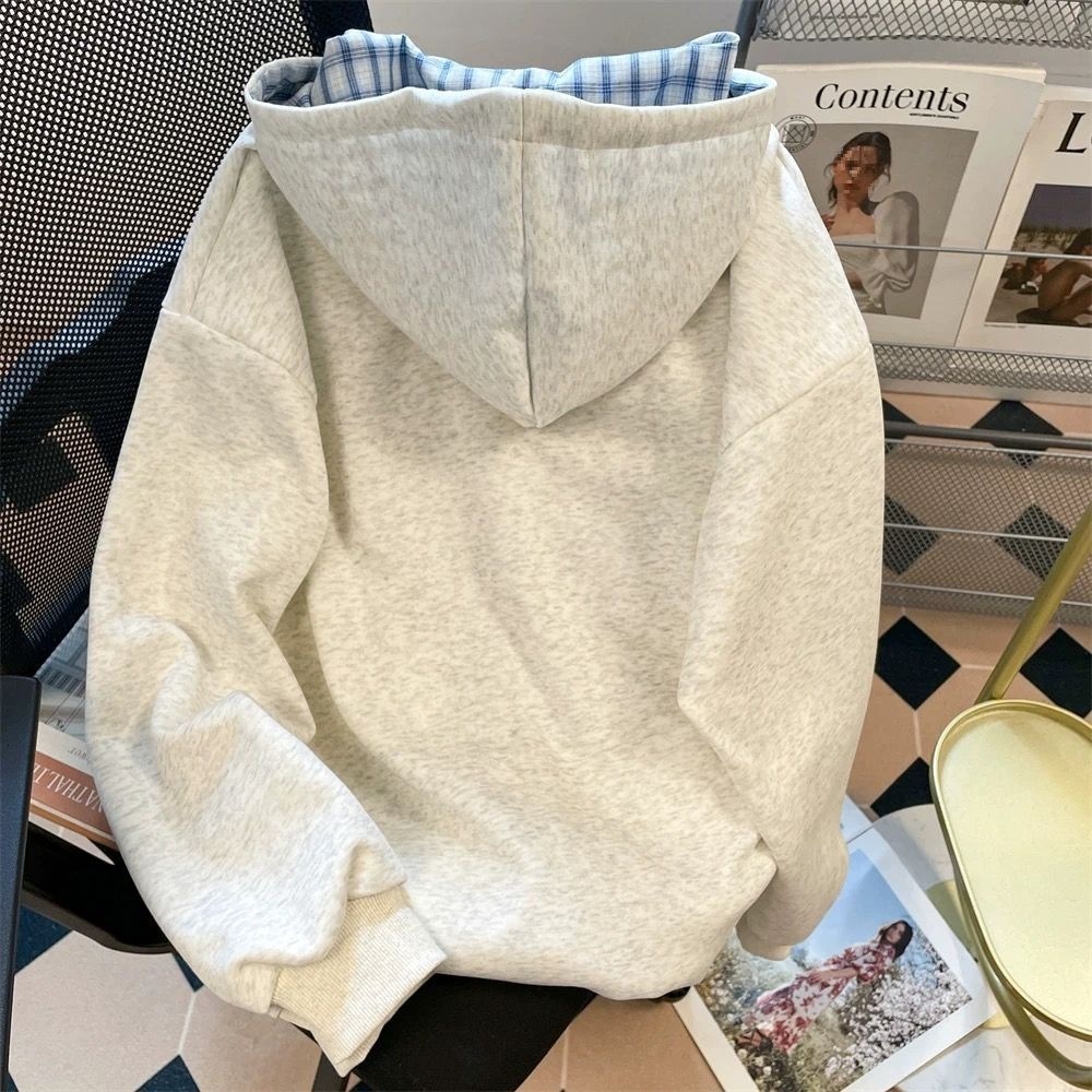 American fashion retro embroidered letter gray hoodie unisex designer couple cardigan cool jacket
