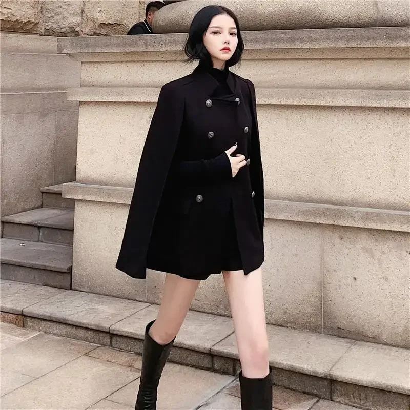 Winter black cape coat can be used with loose stand collar medium long woolen coat for women 251029