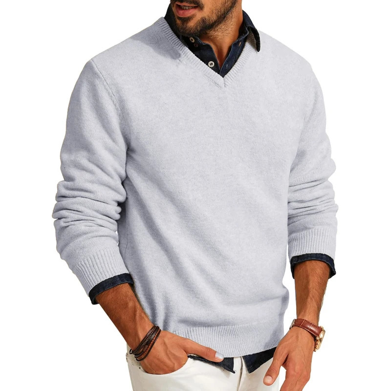 Mens Casual V Neck Pullover Sweaters Lightweight Wool Long Sleeve Knit Sweater Slim Fit Outwear Autumn Business Tops 251029